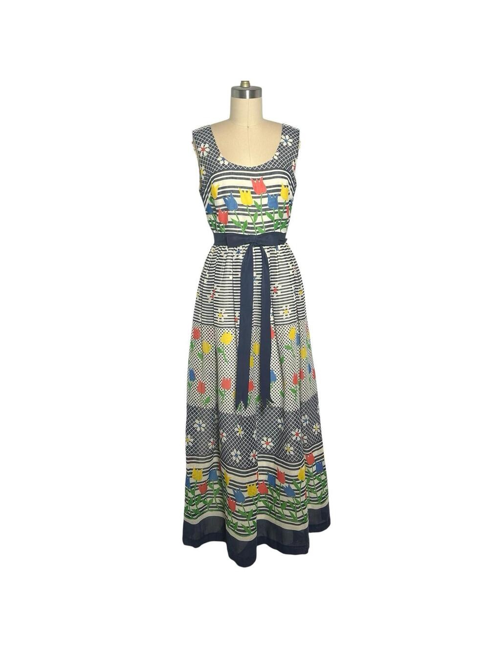 Vintage 60s Miss Elliette Tulip Novelty Print Maxi Dress XS Empire Waist